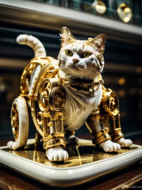 best quality, 8k, masterpiece, realistic, depth of field, long exposure, selective focus, low angle shot, IvoryGoldAI:1.2, gold and white metal cat:1.3, sitting:1.2, full body, long exposure, very complicated pattern derive from fur:1.2, white and gold mec...