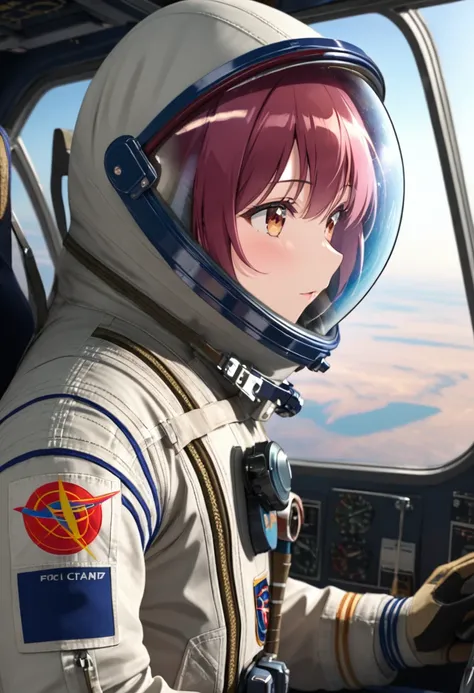 ((female pilot in the cockpit of a reconnaissance plane), (airplane cockpit), (in flight), (10000 feet altitude)、(sky view):1.7)...