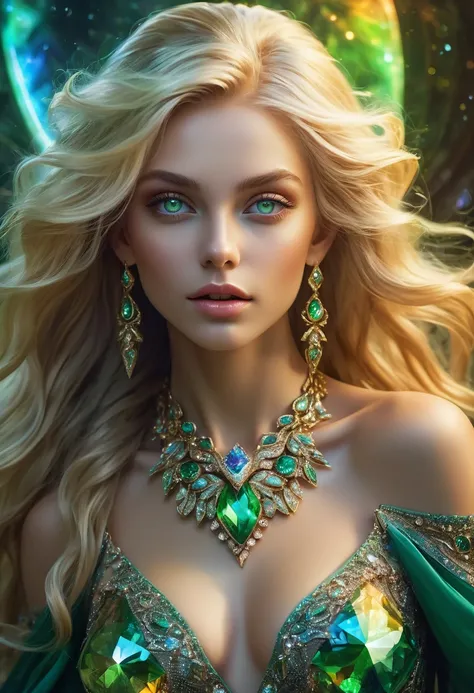 A blonde alien girl with textured skin, ((perfect half body from the knee up)), mesmerize, perfect green eyes, full mouth, whose hair, body is made with mineral appliqués, iridescent diamond, topaz, emeralds, earrings and necklace, off-the-shoulder dress d...