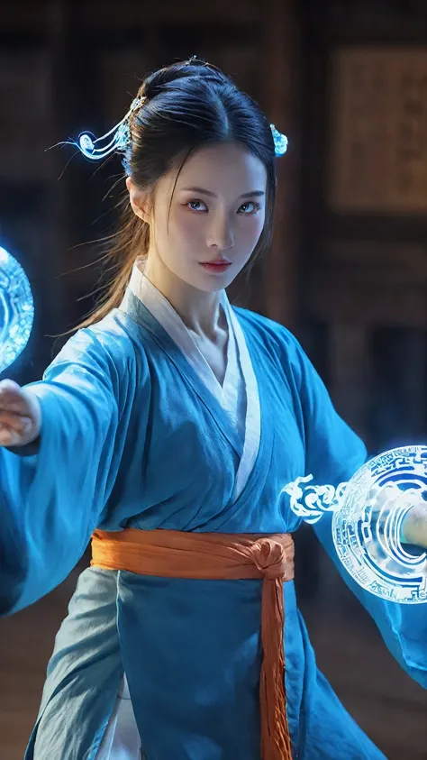 asian women,Martial Art Style,an extremely handsome young woman wearing blue Chinese robe,using magic power,VFX,glowing energy fluid,special effects,glowing energy effects,blue and orange magic effects,highly detailed,32K UHD,best quality,masterpiece,kungf...