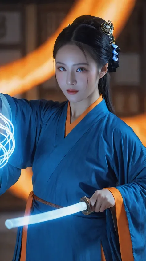 asian women,Martial Art Style,an extremely handsome young woman wearing blue Chinese robe,using magic power,VFX,glowing energy fluid,special effects,glowing energy effects,blue and orange magic effects,highly detailed,32K UHD,best quality,masterpiece,kungf...