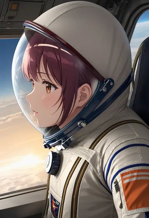 ((female pilot in the cockpit of a reconnaissance plane), (airplane cockpit), (in flight), (10000 feet altitude)、(sky view):1.7)...