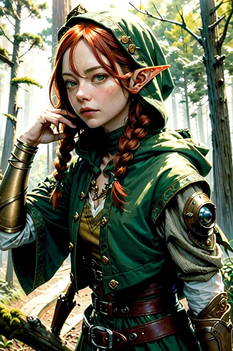 High detail RAW colored art, animation, red hair with braids, hazelnut eyes, white skin, ((Emma Stone as an elf in the redwood forest)), portrait, elf ears, ((cartoon style)), ((lord of the rings) ), (shy), mystical, elegant, gorgeous face, green silk dres...