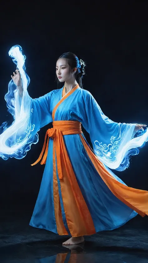 full body, asian girl ,Martial Art Style,wearing blue Chinese robe,using magic power,VFX,glowing energy fluid,special effects,glowing energy effects,blue and orange magic effects,highly detailed,32K UHD,best quality,masterpiece,kungfu,