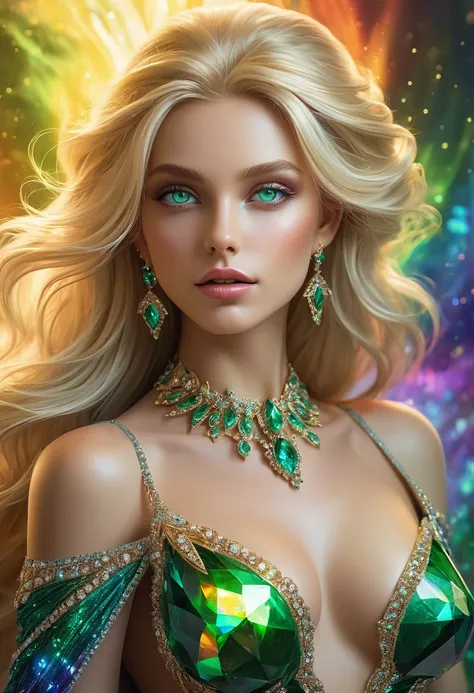 A blonde alien girl with textured skin, ((perfect half body from the knee up)), mesmerize, perfect green eyes, full mouth, whose hair, body is made with mineral appliqués, iridescent diamond, topaz, emeralds, earrings and necklace, off-the-shoulder dress d...