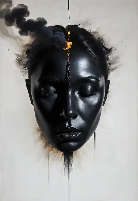 painting of A creature of smoke, a face forms from the darkness, eyes of pure black, cinematic scene, volumetric lights, ultra realistic, in the style of nicola samori