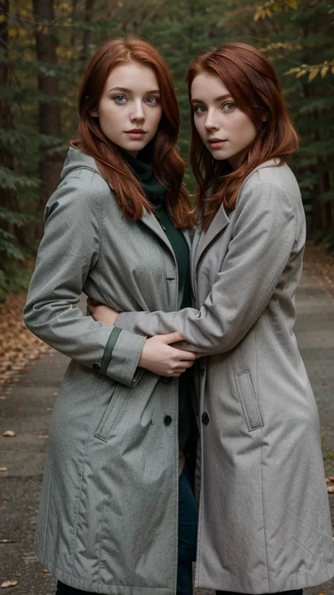 Two young women wearing gray coat, green-eyed redhead in a natural environment