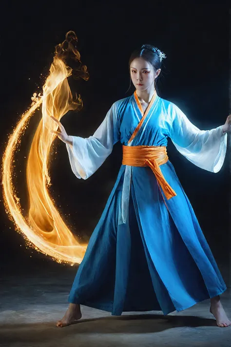 full body, asian girl ,Martial Art Style,wearing blue Chinese robe,using magic power,VFX,glowing energy fluid,special effects,glowing energy effects,blue and orange magic effects,highly detailed,32K UHD,best quality,masterpiece,kungfu,