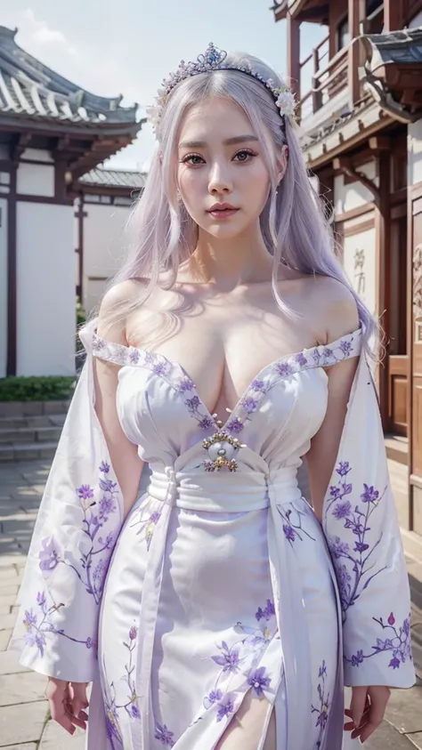 a close up of a woman in a white dress with purple flowers, a beautiful fantasy empress, japanese goddess, 8k high quality detailed art, palace ， a girl in hanfu, trending on cgstation, pale milky white porcelain skin, beautiful alluring anime woman, white...