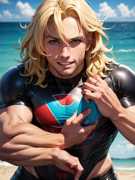 Blonde boy with surfer hair, separate teeth, big cheek, who is a new superhero