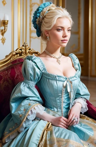 Creating a beautiful image of Marie Antoinette, 19 years old, A gorgeous golden throne hall々and sitting. She is dressed in a jeweled crown and a gorgeous blue Rococo dress.. Antoinette holds a lily in her right hand, Slightly raised. The dress underneath t...