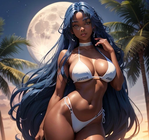 4c girl tanned dark skin kissing with long blue hair and swimming eyes wearing wet white bikini. with athletic body big breasts big buttocks long hair slim waist. with the full moon behind him 