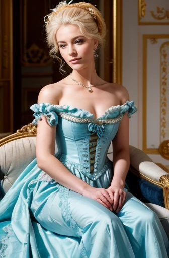 Creating a beautiful image of Marie Antoinette, 19 years old, A gorgeous golden throne hall々and sitting. She is wearing a gorgeous blue Rococo dress with the gorgeous hairstyle of the period.. Antoinette holds a lily in her right hand, Slightly raised. The...