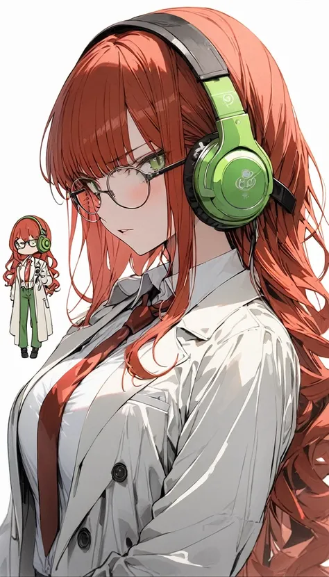 1 woman, long hair red, red hair, glasses, lab coat, white shirt, big breasts, green pants, green headphones, angry, background lab, high detail, kobayashi hair, red tie, gothic art, masterpiece, super detail, high details, high quality, best quality, gree...