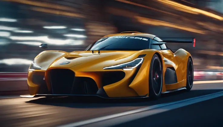 "High-quality masterpiece work, racing car moving at high speed, with a backdrop of a blurred cityscape representing speed, dynamic motion effect, realistic image, beautiful lighting and colors, 8K resolution, sharp detail, technological style, zoomed-out ...