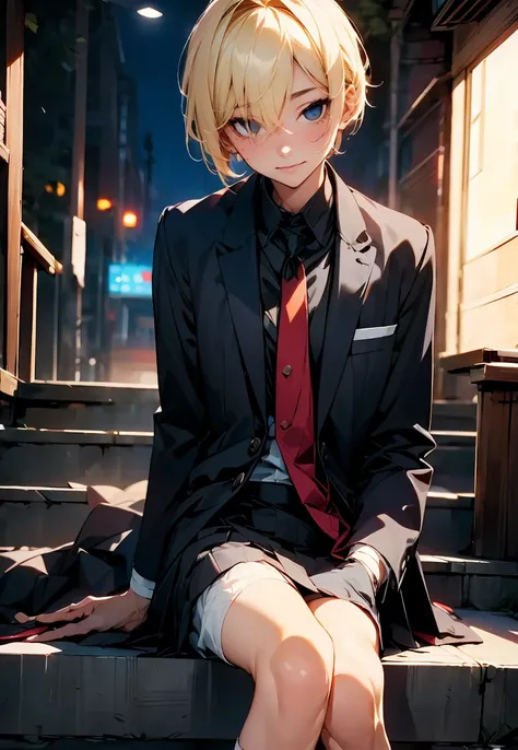 One male character, adult male, bishonen, pretty, handsome, yandere, soft smile, completely black eyes, blonde, stylish and modern clothes, pale skin, looking at camera, resting his face on his hand, date night, warm colors, creepy soft smile.