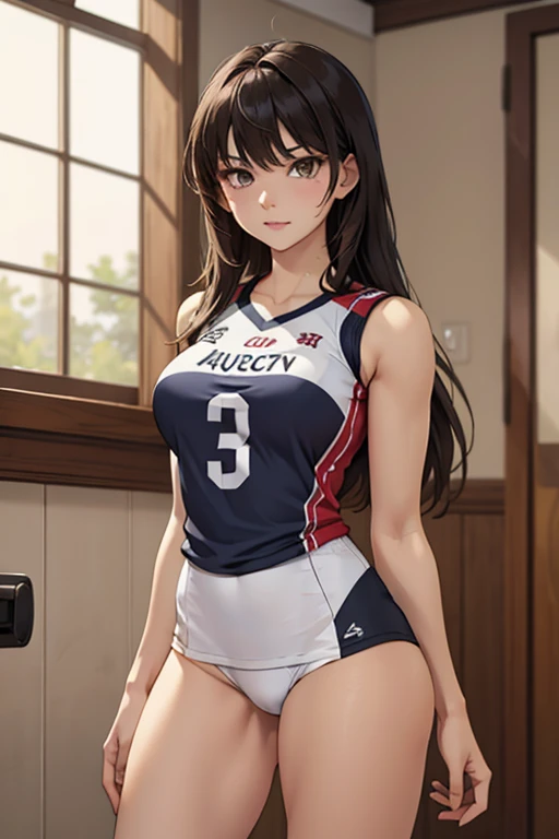 Masterpiece, Ultra quality, good lighting, shadows, perfect anatomy, posing, 1 girl, 21 years, mature girl, volleyball player, cute face, beautiful body, black long hair, black eyes, seductive eyes,  volleyball uniform, background room, rear, breasts, Thig...