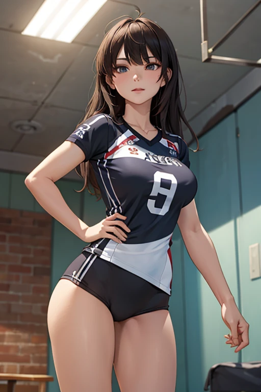 Masterpiece, Ultra quality, good lighting, shadows, perfect anatomy, posing, 1 girl, 21 years, mature girl, volleyball player, cute face, beautiful body, black long hair, black eyes, seductive eyes,  volleyball uniform, background room, rear, breasts, Thig...