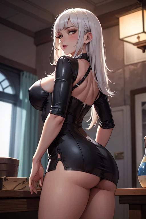 masterpiece, best quality, shadows, perfect hands, perfect legs, perfect anatomy, pretty face, mature features, 1 girl, 21 years old, MILF, succubus woman, succubus sexy dress, black lips, white long hair, straps, thighs, ass, breast, seductive, spicy, pos...