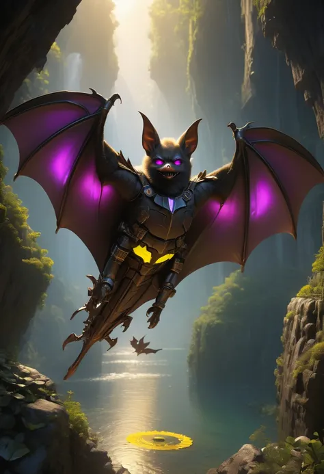 a portrait of a flying ((mechanical bat: 1.2)) in a dark cave, an epic mechanical bat ((full body: 1.5)), ((anatomically correct: 1.5)), (ultra detailed face: 1.2), yellow eyes, mechanical eyes, glowing eye, blacj and purple wings, mechanical wings, in the...