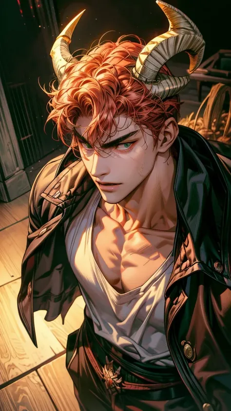 (absurdres, highres, ultra detailed) Ryota Miyagi, 1 male, handsome, tall muscular guy, hair (very short hair, curly hair, light hair with a reddish tint), 2 white horns(ram horns, round horns), green eyes, dark light, shadow, background is hell, looking a...