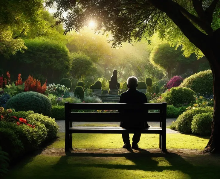 a person sitting on a bench in a beautiful garden, a silhouette of a deceased friend next to him, deep in thought, hyper-realistic, highly detailed, 4k, masterpiece, atmospheric lighting, lush foliage, vibrant colors, emotional, cinematic, dramatic