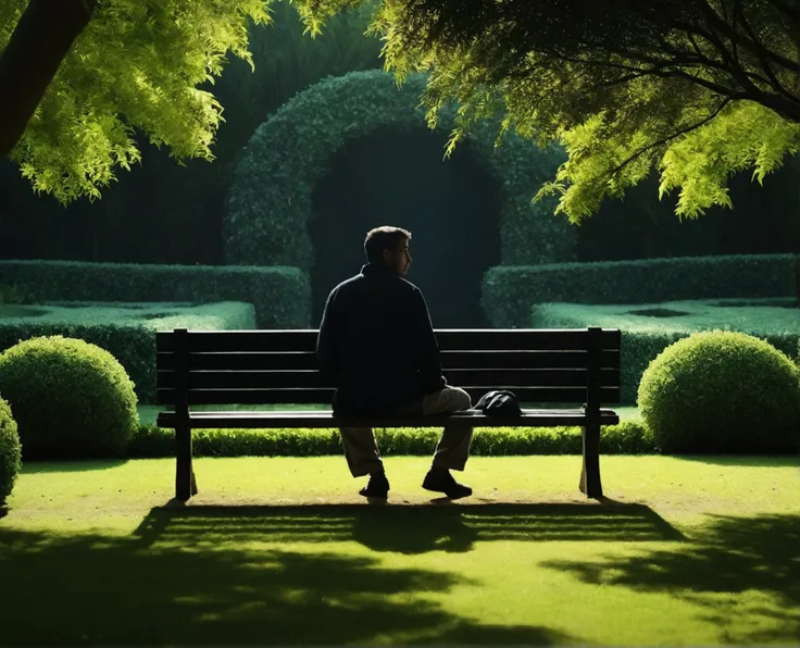 a person sitting on a bench in a beautiful garden, a silhouette of a deceased friend next to him, deep in thought, hyper-realistic, highly detailed, 4k, masterpiece, atmospheric lighting, lush foliage, vibrant colors, emotional, cinematic, dramatic