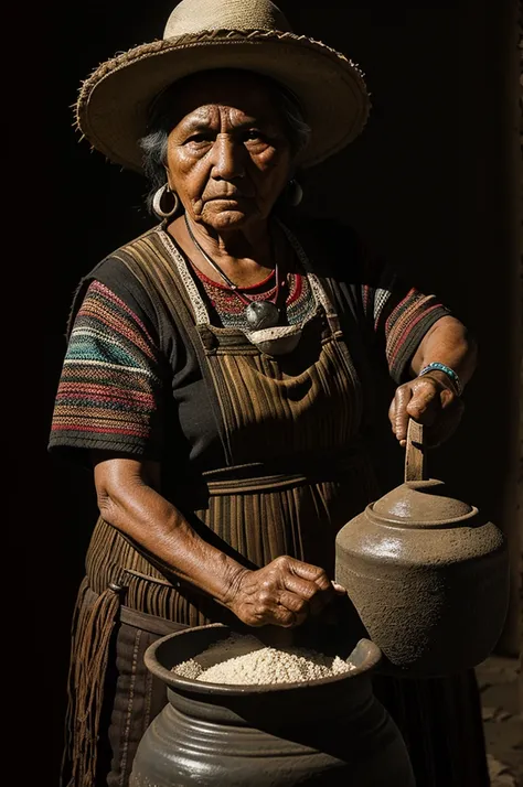 realistic masterpiece, indigenous old woman,mexican, working with molcajete, great handling of light and dark, high contrast, dark background, style,