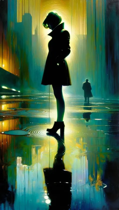 futuristic world: 1.5, surrealism, impressionism, alone, reflections in a puddle of water, oil painting, chiaroscuro, sensual and dramatic lighting, changing atmosphere, art inspired by Bill Sienkiewicz
