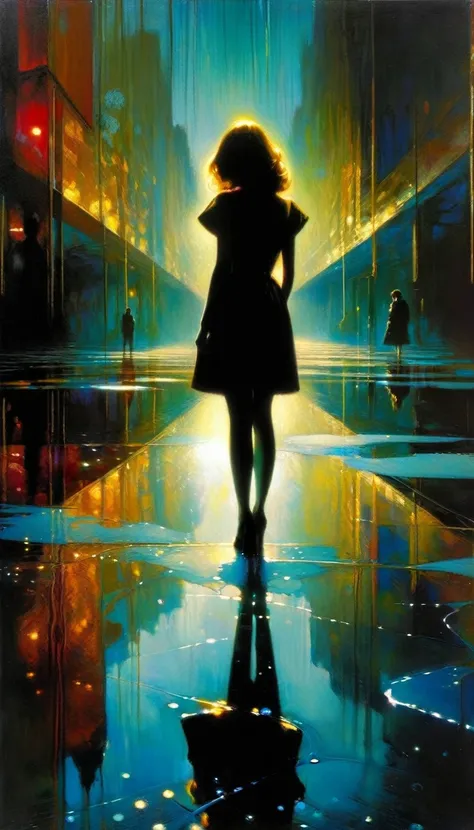 futuristic world: 1.5, surrealism, impressionism, alone, reflections in a puddle of water, oil painting, chiaroscuro, sensual and dramatic lighting, changing atmosphere, art inspired by Bill Sienkiewicz
