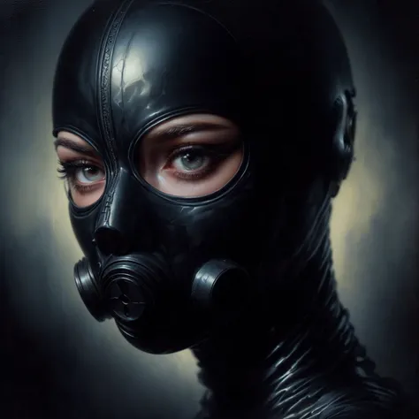 painting of a woman in a rubber mask with a gas mask on,  earley, dark oil painting, detailed 3d gothic oil painting, jana brike art, inspired by Dino Valls, adi granov, tom bagshaw donato giancola, stefan koidl, ray swanland, dark fantasy oil painting, by...