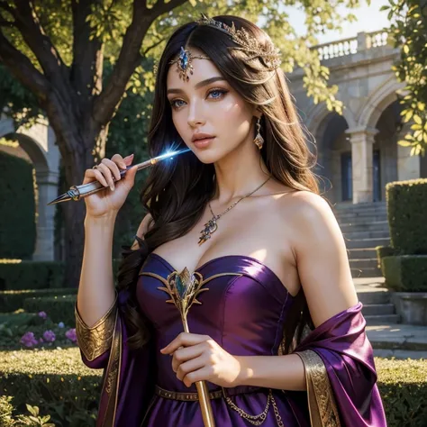 (​masterpiece, best quality:1.5), highest quality, High resolution, super detailed, Realists, Upper body photo of a brunette sorceress, detailed and beautiful eyes, beautiful detailed lips, very detailed eyes and face, longeyelashes, shiny satin dress, Hol...