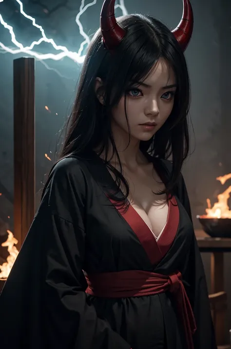 I want a human with eyes covered by an aura of lightning and of Japanese ethnicity demon woman, I want her to have a serious expression and steady eyes, and an extremely strong red demonic aura that surrounds his entire being, this woman has two horns that...