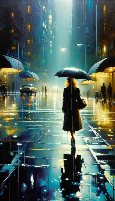 futuristic world: 1.5, surrealism, impressionism, alone, raining, reflections in a puddle of water, oil painting, chiaroscuro, sensual and dramatic lighting, changing atmosphere, art inspired by Bill Sienkiewicz