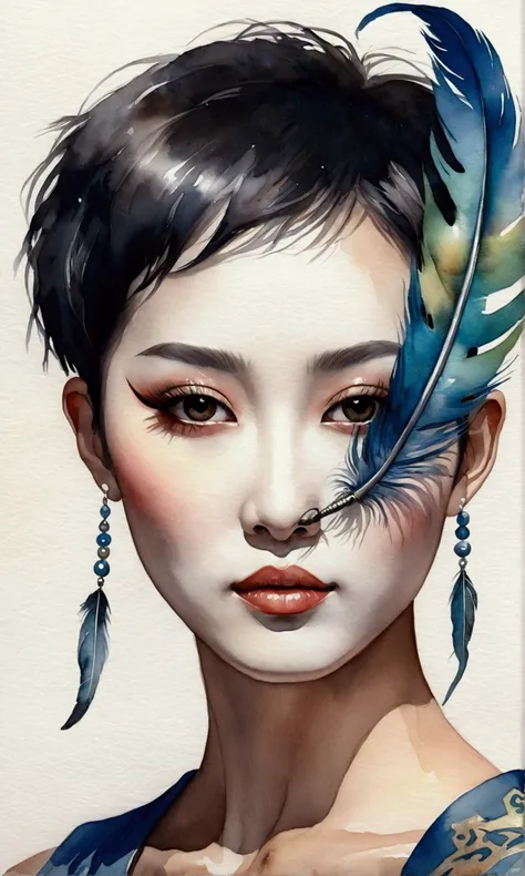 Realistic watercolor painting style, short-haired oriental beauty with feather masquerade on her eyes, zoom in on face