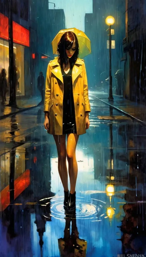 futuristic world: 1.5, surrealism, impressionism, alone, raining, reflections in a puddle of water, oil painting, chiaroscuro, sensual and dramatic lighting, changing atmosphere, art inspired by Bill Sienkiewicz