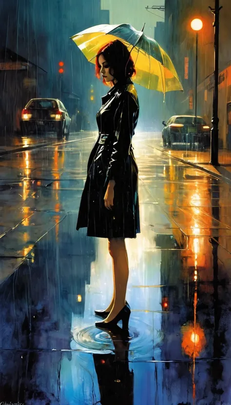 futuristic world: 1.5, surrealism, impressionism, alone, raining, reflections in a puddle of water, oil painting, chiaroscuro, sensual and dramatic lighting, changing atmosphere, art inspired by Bill Sienkiewicz