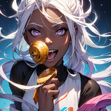 white hair, dreadlocks, expressive hair, cloud hair, afro, streaked hair, multicolored eyes, mismatched pupils, mismatched sclera, surgical mask, Gradient eyes, longeyelashes, upturned eyes, makeup, Serious, jitome, skin fang, long tongue, fang, crazy smil...