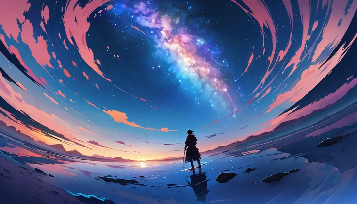 Dynamic Crescent Moon,Official Art, Integrated 8K wallpapers, Very detailed,  masterpiece, Best image quality，Ultra Wide Angle，night，male,samurai，Standing by the salt lake，The water is like a mirror，Reflecting the sky,Look up at the sky，The Milky Way is in...