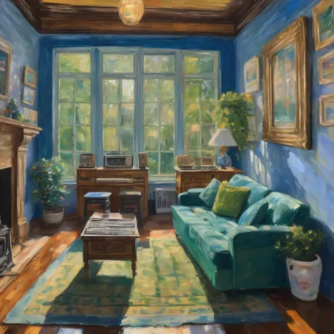 Two teenagers sit in a living room, surrounded by cassette tapes, album covers and a micro system. Soft afternoon light streams in through the windows, creating a cozy and nostalgic atmosphere. Monets impressionist brushstrokes capture the texture of the s...