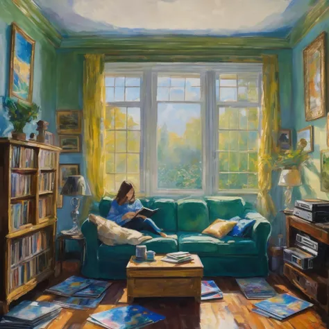 Two teenagers sit in a living room, surrounded by cassette tapes, album covers and a micro system. Soft afternoon light streams in through the windows, creating a cozy and nostalgic atmosphere. Monets impressionist brushstrokes capture the texture of the s...