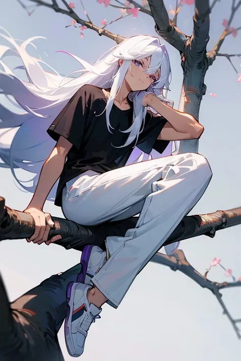 man, long white hair, sitting on the branch of a tree, He wears a black t-shirt and white pants with white tennis shoes., purple eyes