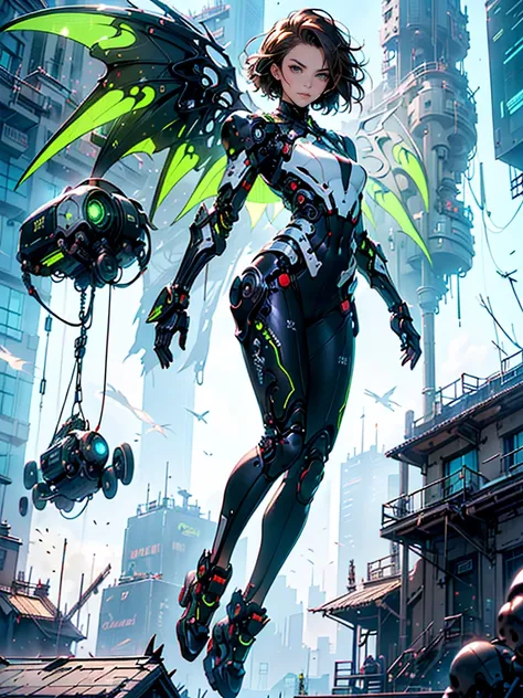 ((woman, small bust, short hair, brown hair, black eyes, full body, fighting pose)), Mechanobiology:1.5,(Highest quality,Extremely detailed depiction,Incredibly absurd high resolution,Anatomically accurate depiction),Female type,Highly precise machine,Blac...