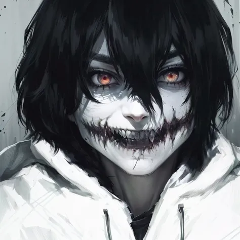 a close up of a person with a creepy face and a hood, Jeff the killer, kaneki ken, Spooky Smile, Eren Yeager, white scary skin, Spooky Smile, ken kaneki, eren jaeger, scary folder, horrible smile. horor, evil smile, grinning sinisterly, malevolent smile, h...