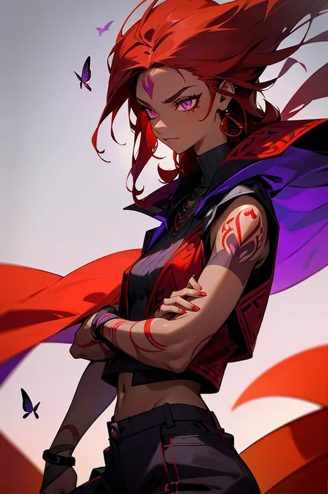 Black and Purple Tribal Markings On Body , Purple Butterflies around person , dark skin, light yellow eyes, red earrings, red hair, mature woman, red cloak, red pattered shirt, black checkered pants,, fully clothed, skinny arms, fully clothed, long red hai...