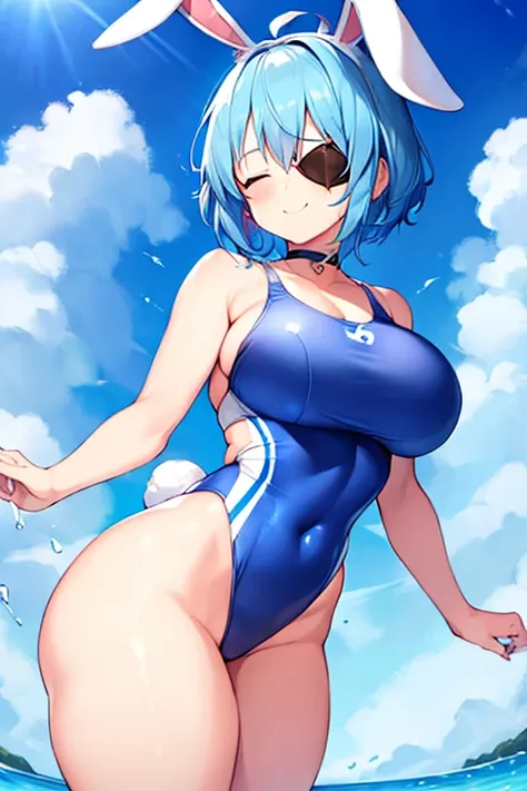 1girl, rabbit ears, bunny ears, light blue hair, very short hair, closed eyes, large breasts, wide hips, thick thighs, one-piece swimsuit, competition swimsuit, blue swimsuit, highleg, beach, blue hair, smile, animal ears, animal ear fluff, eyepatch, ((eye...