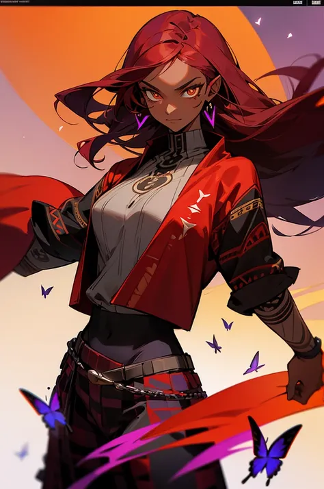 Black and Purple Tribal Markings On Body , Purple Butterflies around person , dark skin, light yellow eyes, red earrings, red hair, mature woman, red cloak, red pattered shirt, black checkered pants,, fully clothed, fully clothed, long red hair, dark skin ...