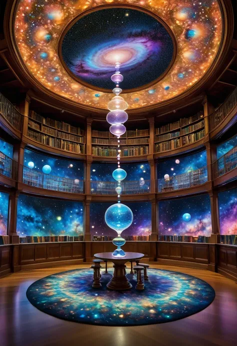 Within the library, a kaleidoscope of beakers radiates a captivating luminescence, illuminating intricate molecular formations. Enchanting concoctions bubble with transformation, fostering anticipation. The backdrop reveals a tapestry of galaxies, symboliz...