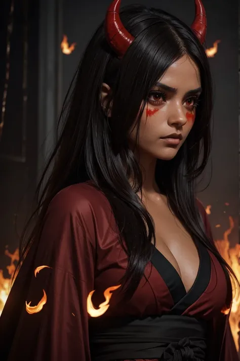 I want a BROWN woman with eyes covered in a demonic red aura, I want her to have a serious expression and extremely dark and firm eyes, and an extremely strong red demonic aura that surrounds his entire being, this woman has two horns that are embedded in ...