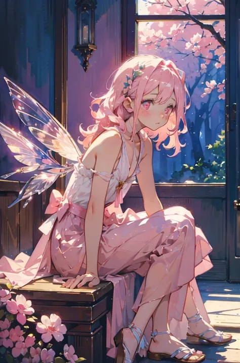 Little fairy boy, with wavy, salmon pink hair and pink eyes, with semi-transparent crystalline wings with pink highlights, dressed in a medieval style, with loose clothing, with bare shoulders. Sitting on a flower, while he is turning backwards with an ado...